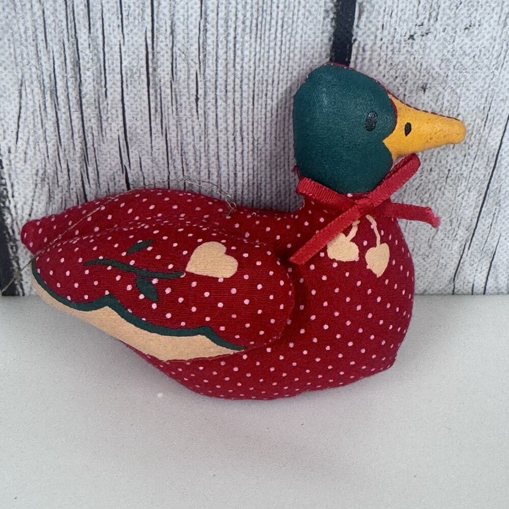Vtg 1980s Duck With Hearts Christmas Ornament Red Cloth Stuffed Country Holiday